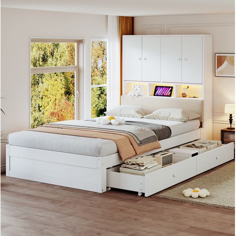 Multifunktionales Holzbett, 90 x 200 cm, mit gepolsterter Rückenlehne, Kopfteil mit Stauraum, Ablagefächern, LED-Beleuchtung und Steckdose, mit Schublade und Lattenrost, Einzelbett, Jugendbett, Weiß (1/5)