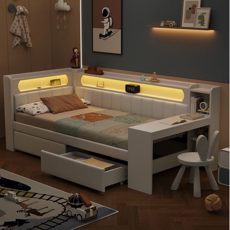 Letto con cassetti 90x200 cm con porte USB, illuminazione LED, scrivania, 2 cassetti e rete a doghe, in MDF, senza materasso, bianco (1/5)