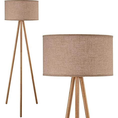 Lampada Piantana Terra Design Moderno in Legno Paralume Tessuto Luce E27 Beige (1/4)