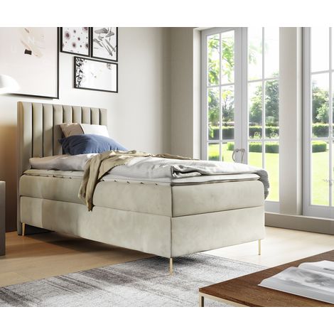 Sofello Boxspringbett JILL 90 x 200cm mit Bettkasten TOPPER 5cm Gratis Beige Velour hohe goldene Beine (1/5)
