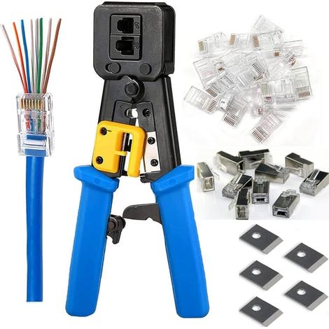 Kit d'outils de sertissage Ethernet droit avec 5 lames de rechange à 8 broches et 20 connecteurs Cat6 RJ45 RJ12 (1/5)