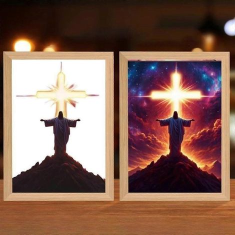 Lampe LED 4D avec cadre Christ, veilleuse Jésus, lampe d'église lumineuse, prête à accrocher, 20 cm (1/5)