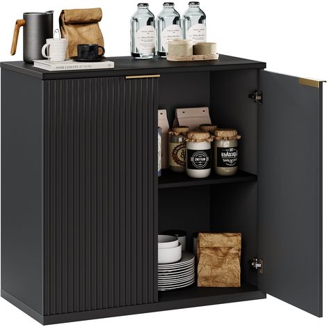 Meuble de rangement moderne avec façade plissée et poignée en métal, buffet multifonction pour salon et chambre, décor bois clair naturel, noir, 60x30x70 cm (1/5)