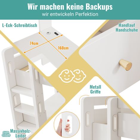 Lit mezzanine enfant avec bureau en L, étagères et tiroirs, zone de charge USB/Type-C, lit simple ado avec échelle et sommier à lattes en bois, 90x200 cm, blanc, sans matelas. (1/5)