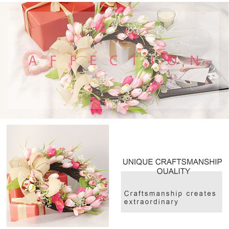 Couronne florale 35cm (cercle en rotin naturel + tissu TC, feuillage PE, 36 tulipes artificielles, base 32cm, épaisseur 5.5cm) (1/5)