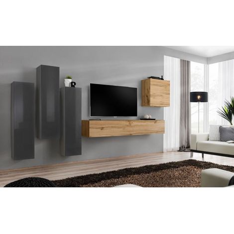 Ensemble mural - Switch III - 3 vitrines verticales - 1 banc TV - 1 vitrine carrée - Bois et graphite - Modèle 2 - Livraison gratuite