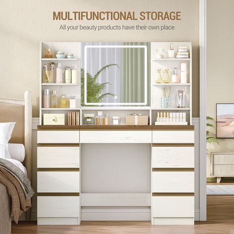 Coiffeuse enfant avec éclairage LED – 10 lumières réglables – Grand miroir HD – 9 tiroirs et 9 étagères ouvertes – Blanc-Marron (1/5)