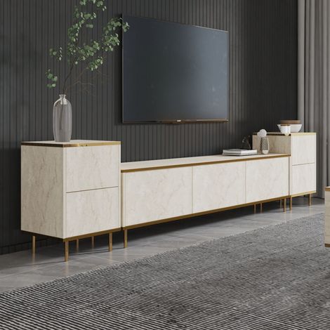 Mobile Porta tv Cortin, 2 Ripiani, Apertura a Ribalta, 5 Ante, 260x35x45h cm Beige Marmo (1/5)
