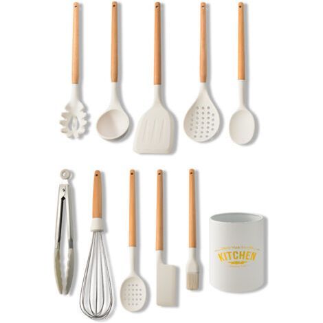 Milk White Wooden Handle Silicone Cooking Utensils Set 10 Piece Cooking Utensils Non-Stick Spatula Spoon