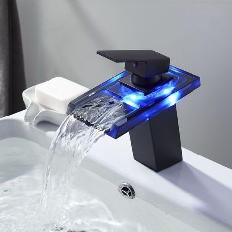 Robinet de lavabo avec lavabo LED robinet chaud et froid sortie cascade en cuivre noir (1/5)