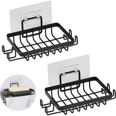 Pièces INOX Porte Savon Douche sans Perçage, Auto-Adhésif Porte Savon Mural avec Crochets et Économiseur de Savon, Support Savon Mural pour Salle de Bain et Cuisine (Noir) (1/5)