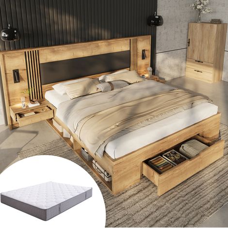 Cama moderna de MDF natural 160x200/180x200 cm con cabecero acolchado PU, colchón, almacenaje, mesillas y luces