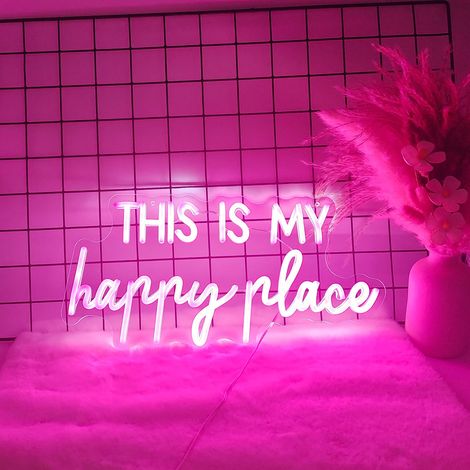 Enseigne néon « This Is My Happy Place » pour chambre d'adolescente, lampe de chevet, interrupteur variateur, alimentation USB, rose (1/5)