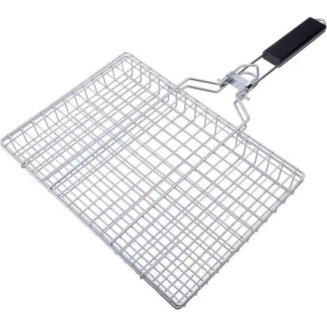 Panier à griller en acier inoxydable (50 x 32 x 3,5 cm), grille en alliage avec poignée en bois, convient pour les légumes, la viande et le poisson. (1/3)