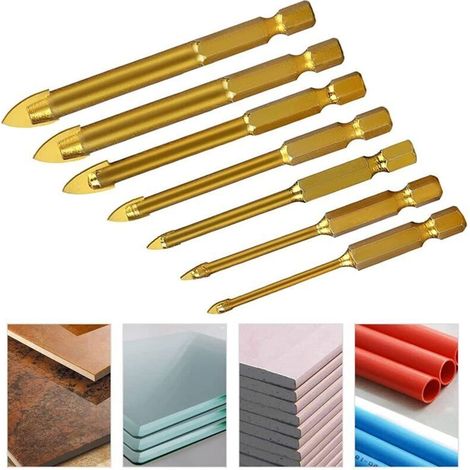Forets pour céramique, verre et carrelage, jeu de 7 forets hexagonaux en acier au tungstène revêtu de titane, tailles respectives de 3 mm, 4 mm, 5 mm, 6 mm, 8 mm, 10 mm et 12 mm. (1/4)