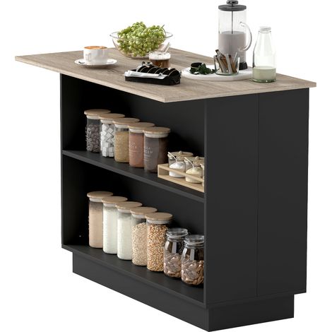 Desserte îlot cuisine noir 105x60cm plan de travail effet bois 2 compartiments 2 placards