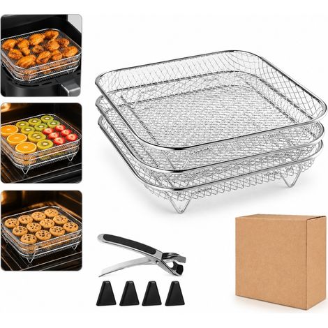 1 Set Grille Air Fryer 3 Pcs Carree Inox 304 Demontable 21 x 21 x 9.5 cm Racks Dehydrateur Refroidissement Cuisson Friture Four Cuisine (1/5)