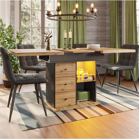 Mesa de comedor extensible (110-140x80x75 cm), con iluminación LED APP, USB, almacenamiento, MDF, negro y natural (1/5)