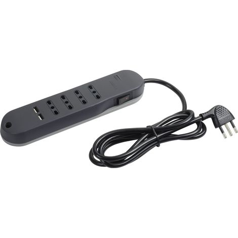 Multiprise électrique Slim avec Interrupteur, 4 Prises bidirectionnelles 10/16 A, 2 Prises USB Type A 2400 mAh, câble de 1,5 m avec Petite Prise 10 A, Gain de Place, 2500 W, Gris (1/5)