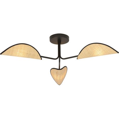 Emibig GOMEZ Lampada da soffitto semi-incasso multibraccio design in rattan nero con paralumi in tessuto marrone, 3x E14 (1/5)