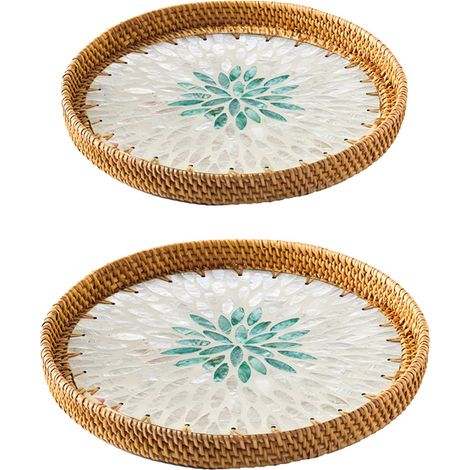 2 Plateaux en Rotin Tressé avec Coquillages Colorés pour Salon, Plateau à Fruits et Snacks pour Table Basse, Dessous de Plat Décoratif (Lot de 2) (1/5)