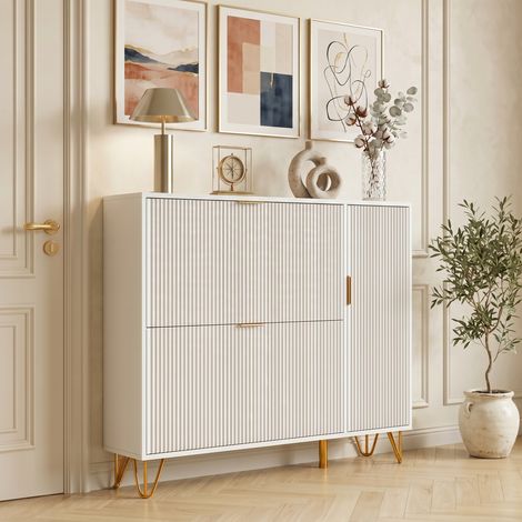 BLANKETSWARM - Meuble à chaussures blanc 80x24x118.5 cm – 2 portes abattantes et 2 étagères réglables – Système anti-basculement – Poignées et pieds dorés – Blanc
