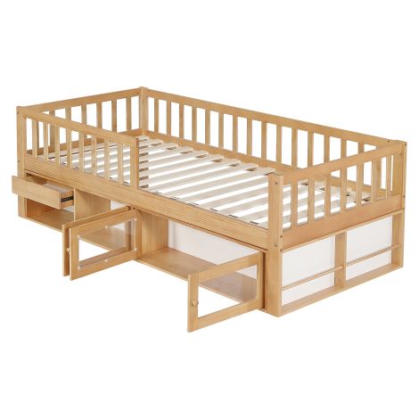 Lit Enfant Pin à Barrières + Rangement Tiroir+2 Portes 90×200cm, Lit Multifonction Chambre Enfant (1/5)