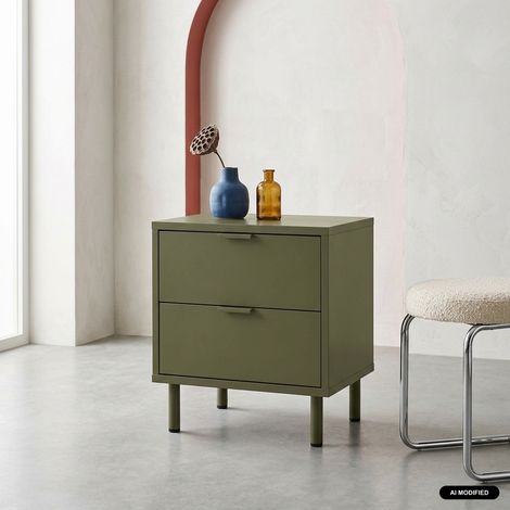 sweeek - Table de chevet décor bois et métal 2 tiroirs kaki - Ellie (1/5)