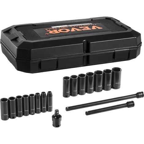 Vasos de impacto de 1/2", juego de 13 piezas, profundos de 10-24 mm, acero CR-V, 6 puntas, con estuche, Deep-C, 18 piezas (1/2)