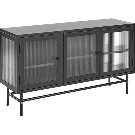 Commode Moderne Acier Verre Cannelé 3 Portes Étagères Réglables Noir Devon (1/5)