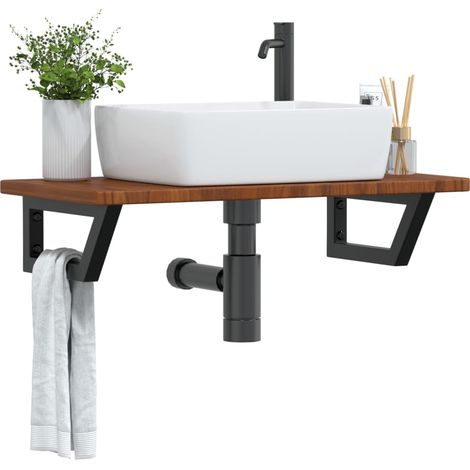 Estante de lavabo de pared de acero y madera maciza de roble