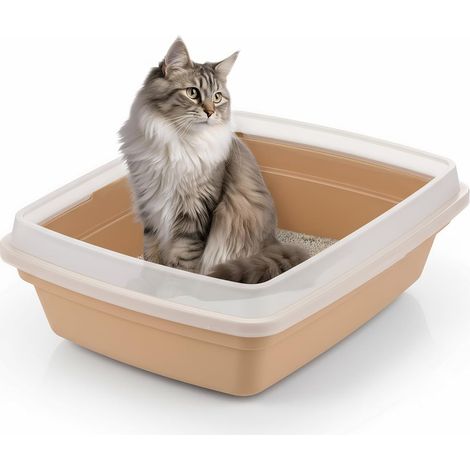 Petit bac litière chat beige avec pelle, rebords amovibles anti-fuite sans BPA, CLH-12S (1/5)