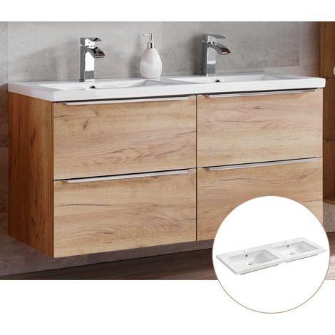 Doppelwaschtisch-Unterschrank 120cm mit Keramikbecken TOSKANA-56 in Wotaneiche, B/H/T ca. 121/61/46 cm (1/5)