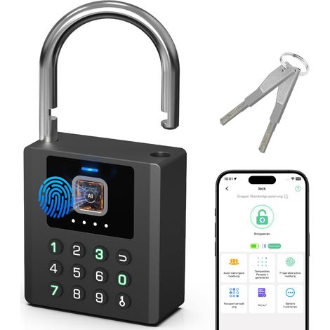 Cadenas à empreintes digitales avec code numérique - 8 mm - Double crochet - Étanche IP67 - Avec clé Bluetooth - Pour clôtures extérieures, portails de jardin, abri de jardin, garages (1/5)