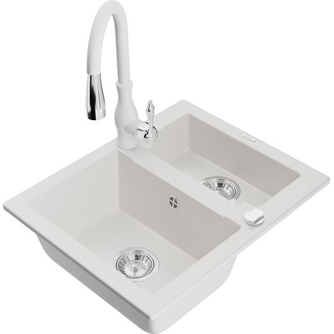 Mexen Carlos fregadero de granito de 1,5 senos con grifo de cocina Savita, blanco - 6518-20-672601-20 (1/5)