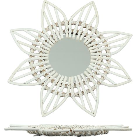 Miroir mural en rotin blanc forme fleur vintage verre poli décoratif entrée chambre salle de bain (1/5)