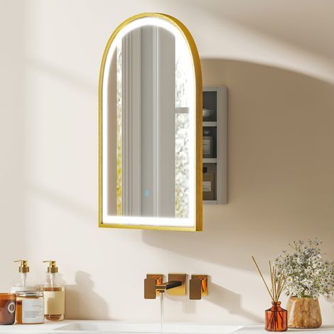 Badezimmerschrank mit Spiegel und LED-Beleuchtung, Bogentür, beschlagfrei, 50 x 14,5 x 70 cm, gold