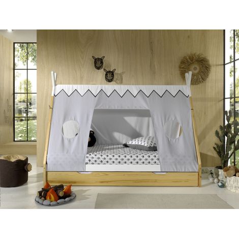 Pack - Lit Enfant, Tiroir & Voile "Tipi" 90x200cm Blanc & Naturel (1/5)