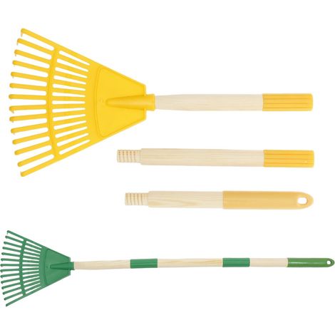 Lot de 2 râteaux à feuilles pour enfants avec 14 dents et manche en bois naturel de 67 cm - Balai à gazon amovible - Longueur totale : 86 cm (jaune et vert) (1/5)