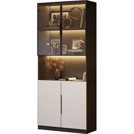 Vetrina moderna con porte in vetro e LED, mobile espositivo bianco e nero 80 x 30 x 200 cm MODENUIT (1/5)