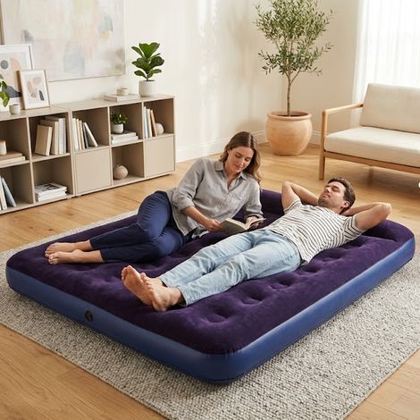 Materassino Gonfiabile Doppio Blu Floccato Ergonomico da Campeggio 191x137x22cm