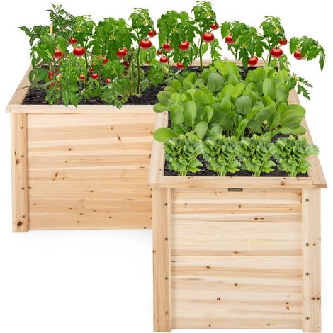 Goplus – Jardinière surélevée en bois massif en forme de L – Dimensions 120x120x63 cm – Base ouverte pour drainage optimal – Pour légumes, fruits, herbes, fleurs (1/5)