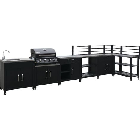 Ensemble de meubles de cuisine extérieure en acier inoxydable 7 modules avec barbecue au gaz 4 brûleurs (1/5)