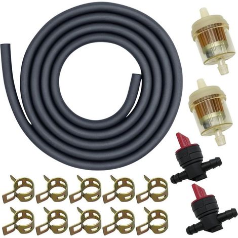 1 Kraftstoffschlauch-Set – Kraftstofffilter – Kraftstoffventil – Schlauchschelle – Für Rasentraktor und Schneemobil, 2 m, Schwarz, 6 mm (1/5)