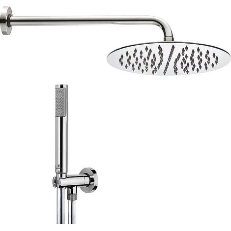 Kit promotion douche : tete de douche ronde, Ø 250mm, inox, avec tube mural 300mm, douchette, flex.