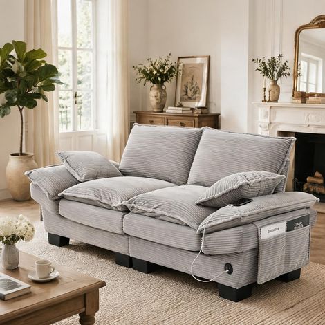 Sofa modulaire 2 places velours côtelé gris clair avec ports (1/5)
