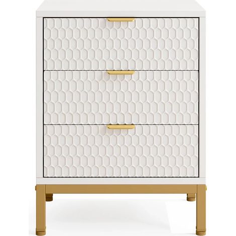 Mesita de noche moderna con 3 cajones blanca y dorada 50 x 40 x 65,5 cm (1/5)