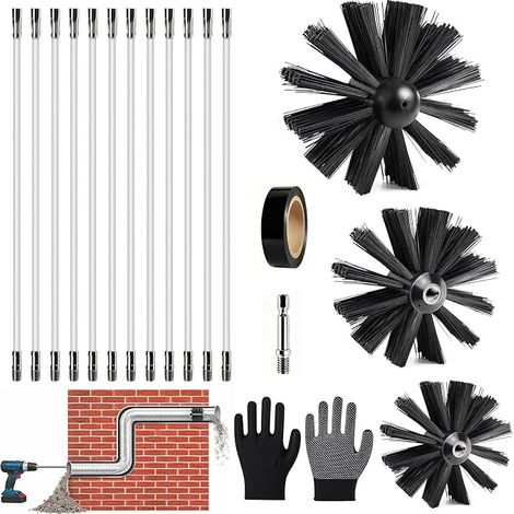 3 Tetes Brosse Nylon 100mm 150mm 200mm et 12 Tiges Flexibles de 410mm Kit Ramonage Poele a Bois Herisson de Ramonage 150mm Adapté aux Cheminées Gaines et Sèche Linge (1/5)
