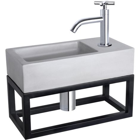 Differnz Ravo Set lave-mains 38.5x18.5x24.5cm 1 trou avec robinet courbé poignée croix et siphon + bonde chrome Rectangulaire Béton Gris clair (1/5)