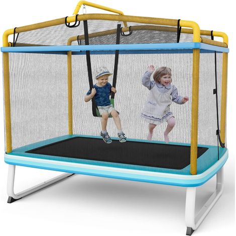 GOPLUS Trampoline Enfants 3 Ans+ de 1,8m,Filet de Sécurité,Intérieur/Extérieur,Fermeture Éclair,Balançoire/Barre Horizontale,Jaune (1/5)
